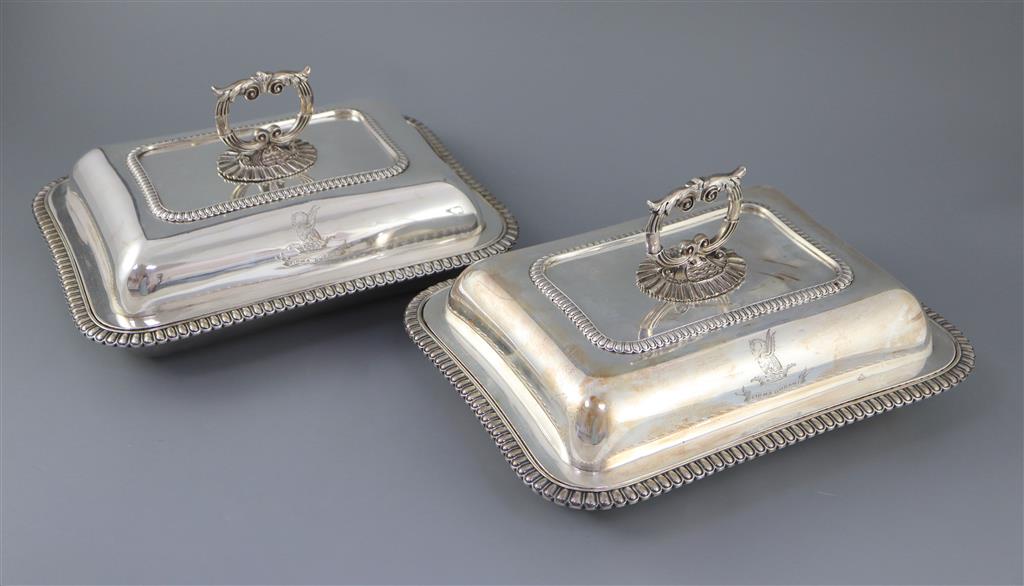 A pair of George IV silver rectangular entree dishes, with covers and handles, by William Bateman,